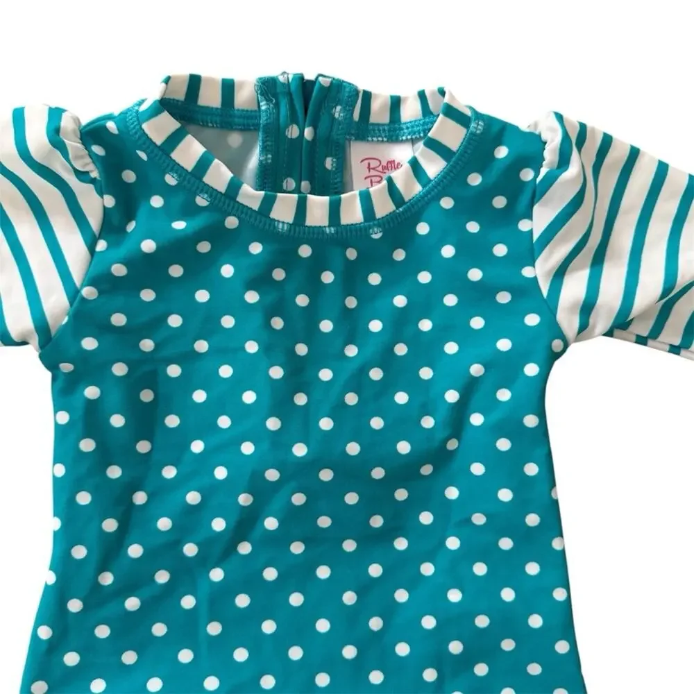 Ruffle Butts Aqua Polka Dot Long Sleeve Rash Guard Size 3-6 M